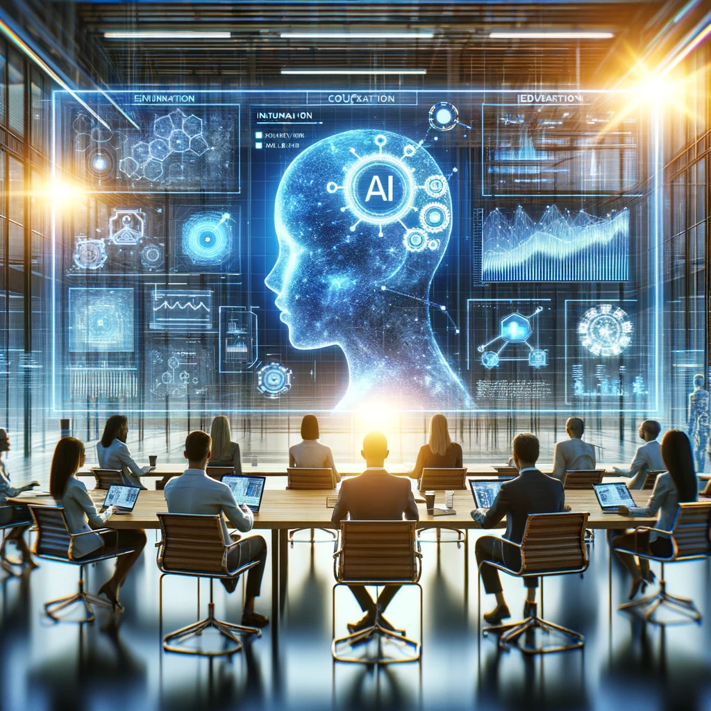 A group of people in a futuristic conference room, with holographic screens showing graphs and AI algorithms. The image conveys a collaborative learning atmosphere and empowerment, focusing on advanced technology and education in AI. The setting should be bright and inspire innovation, showcasing a team being equipped with the knowledge to navigate and utilize AI solutions effectively.